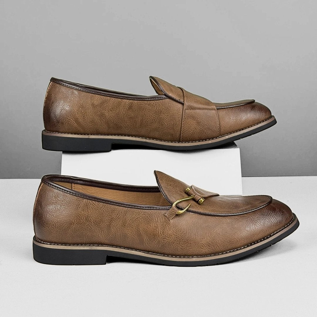Leather Dress Loafers with Decorative Hook Closure
