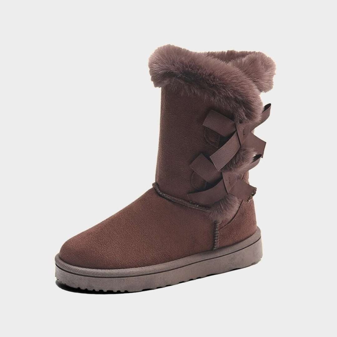 Mid-Calf Slip-On Winter Platform Boots With Side Bow Details and Plush Lining
