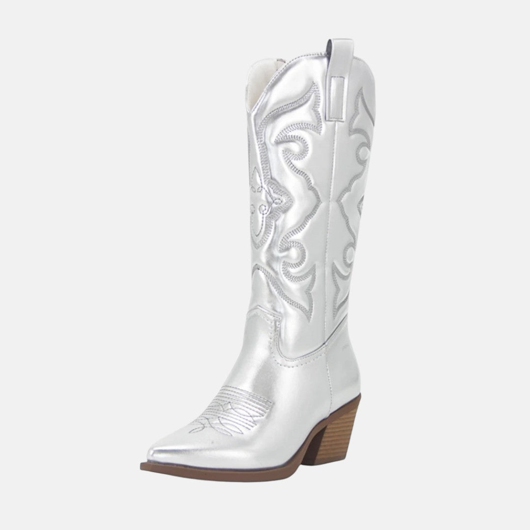 Metallic Finish Embroidered Mid-Calf Western Cowboy Boots