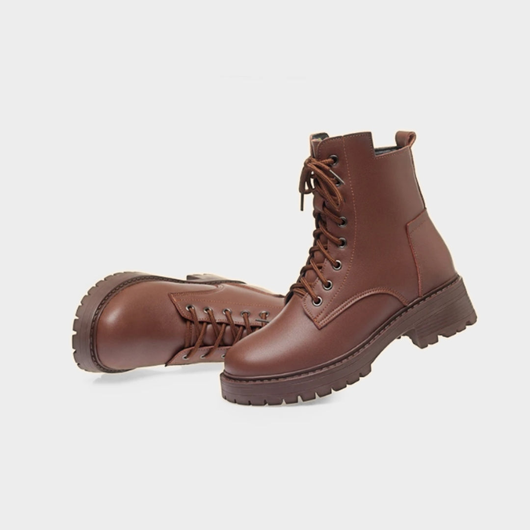 Leather Lace-Up Combat Low Heel boots with Warm Faux Fur Lining