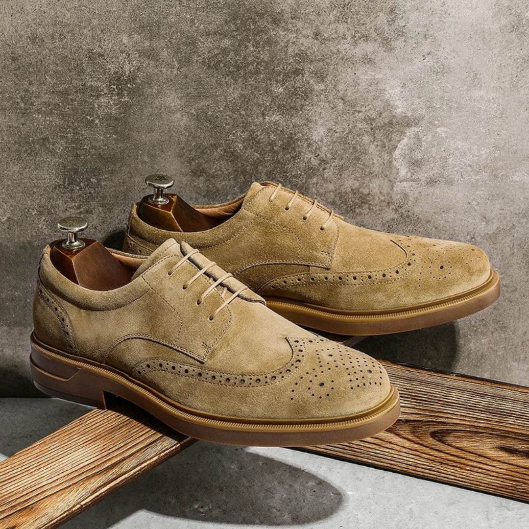 Brogue Suede Leather Derby Dress Shoes With Raised Sole and Block Heel