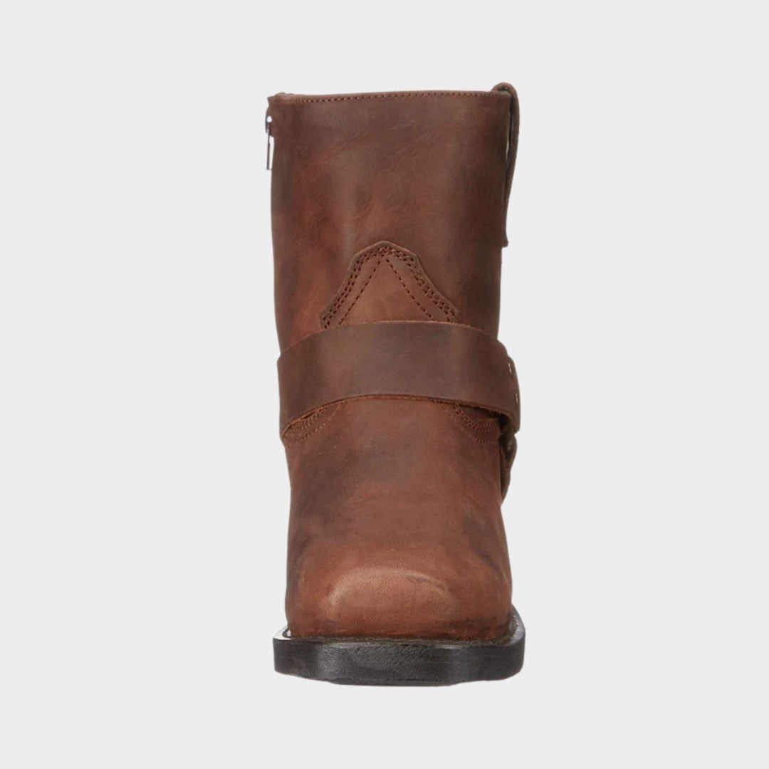 Mid-Calf Square Toe Cowboy Harness Boots with Zip Closure and Low Block Heel