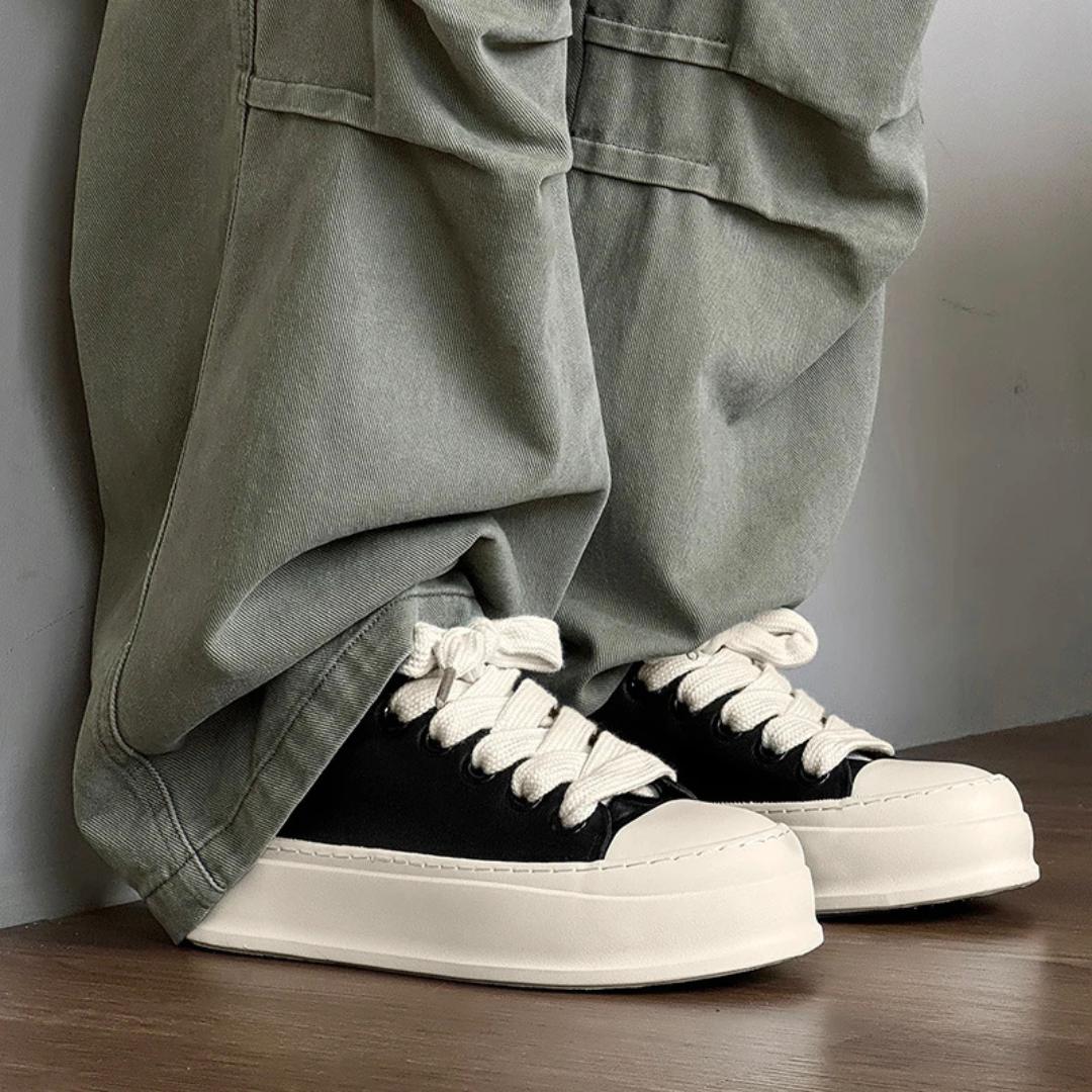 Black Leather Platform Skate Sneakers with Oversized Laces