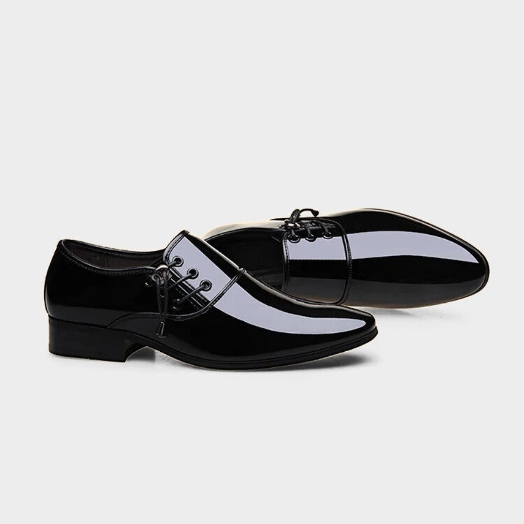 Patent Gloss Finish Pointed Dress Shoes with Side Lacing Detail and Low Block Heel