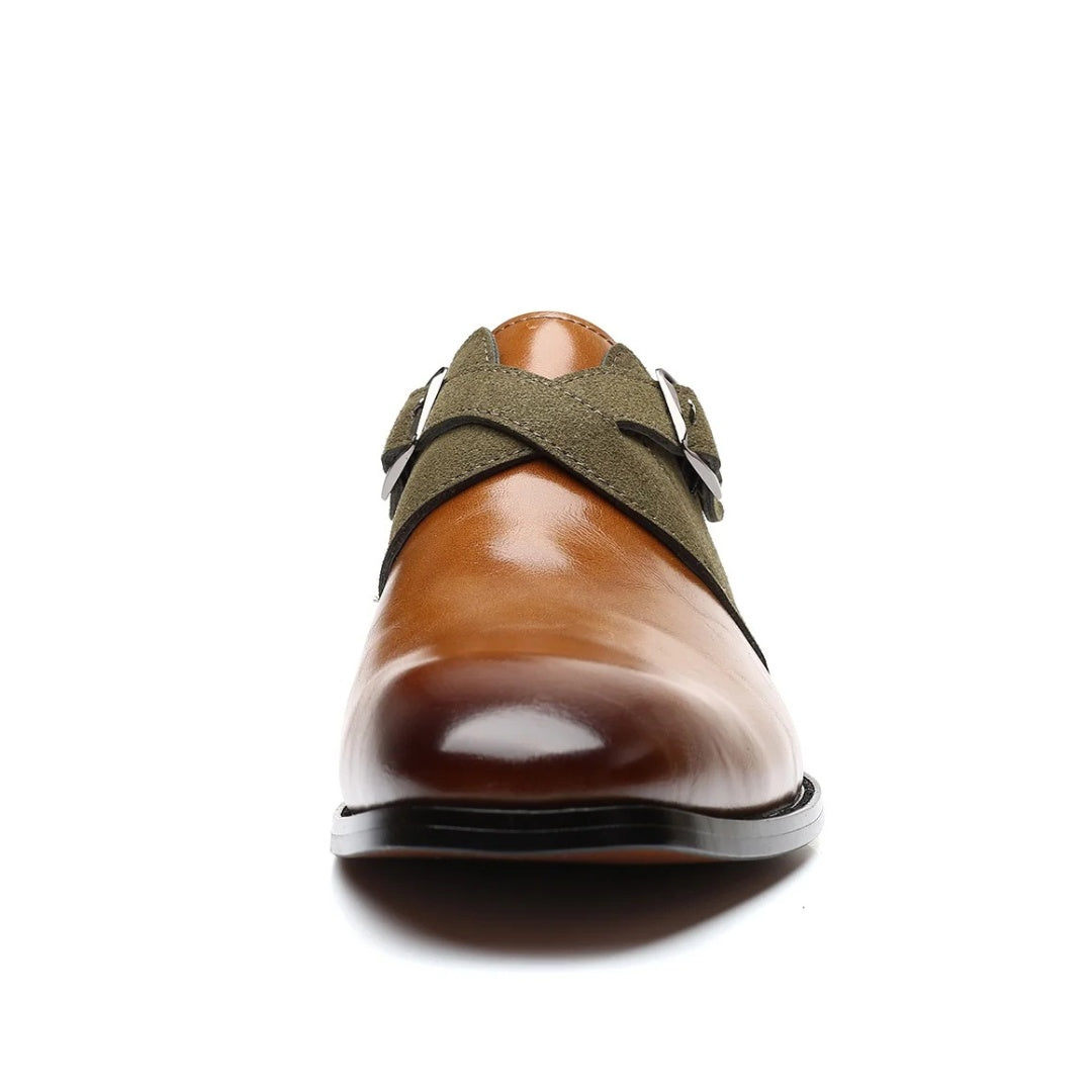 Two-Tone Suede Buckle Dress Shoes with Low Block Heel