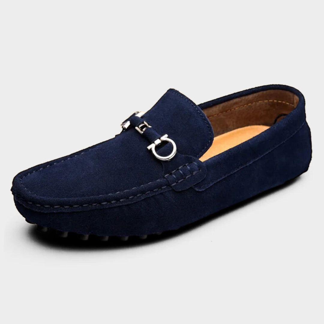 Suede Driving Loafers with Metallic Horsebit Buckle