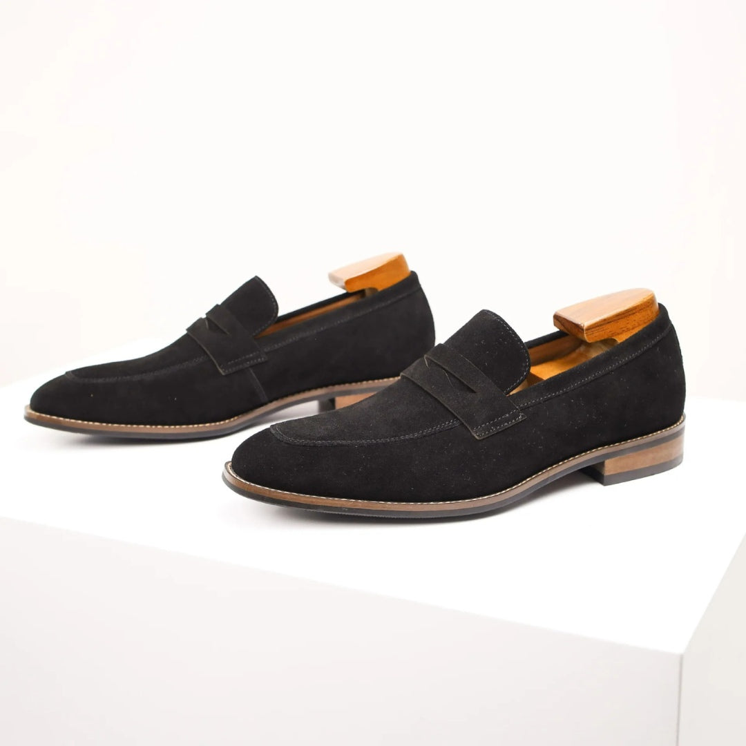Suede Penny Business Loafers with Low Block Heel