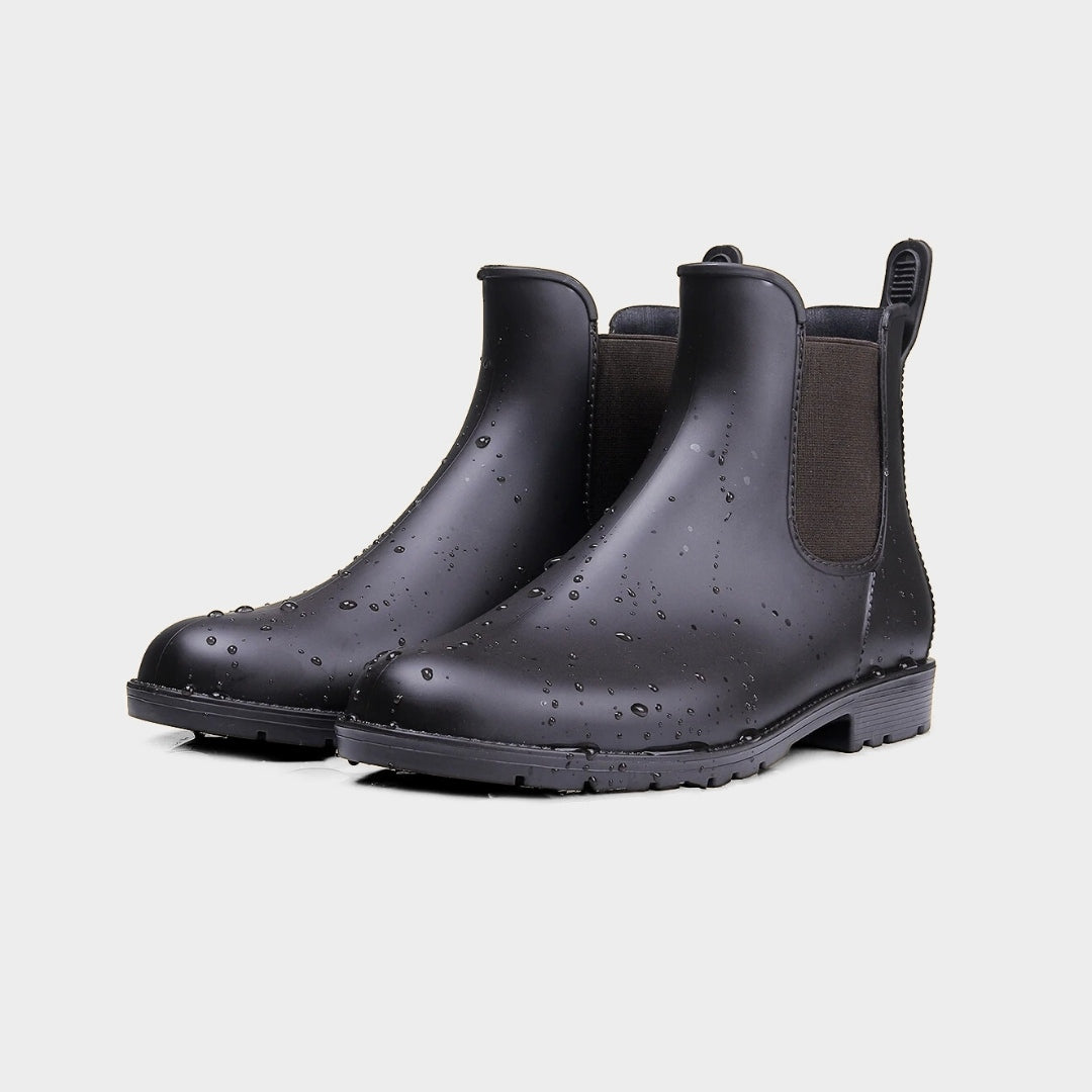 Glossy Waterproof Chelsea Ankle Rain Boots with Low Heel and Pointed Toe