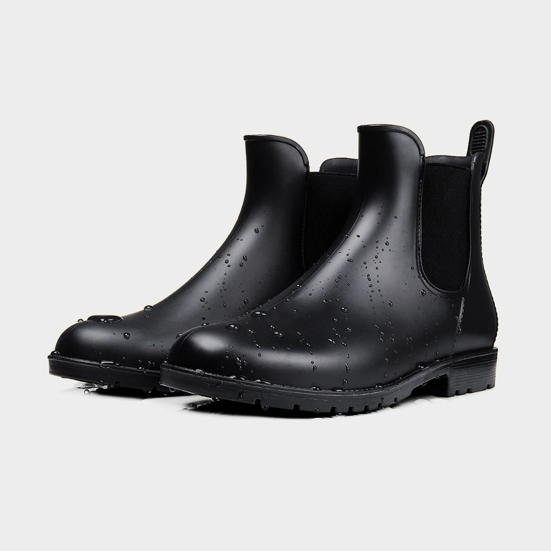 Glossy Waterproof Chelsea Ankle Rain Boots with Low Heel and Pointed Toe