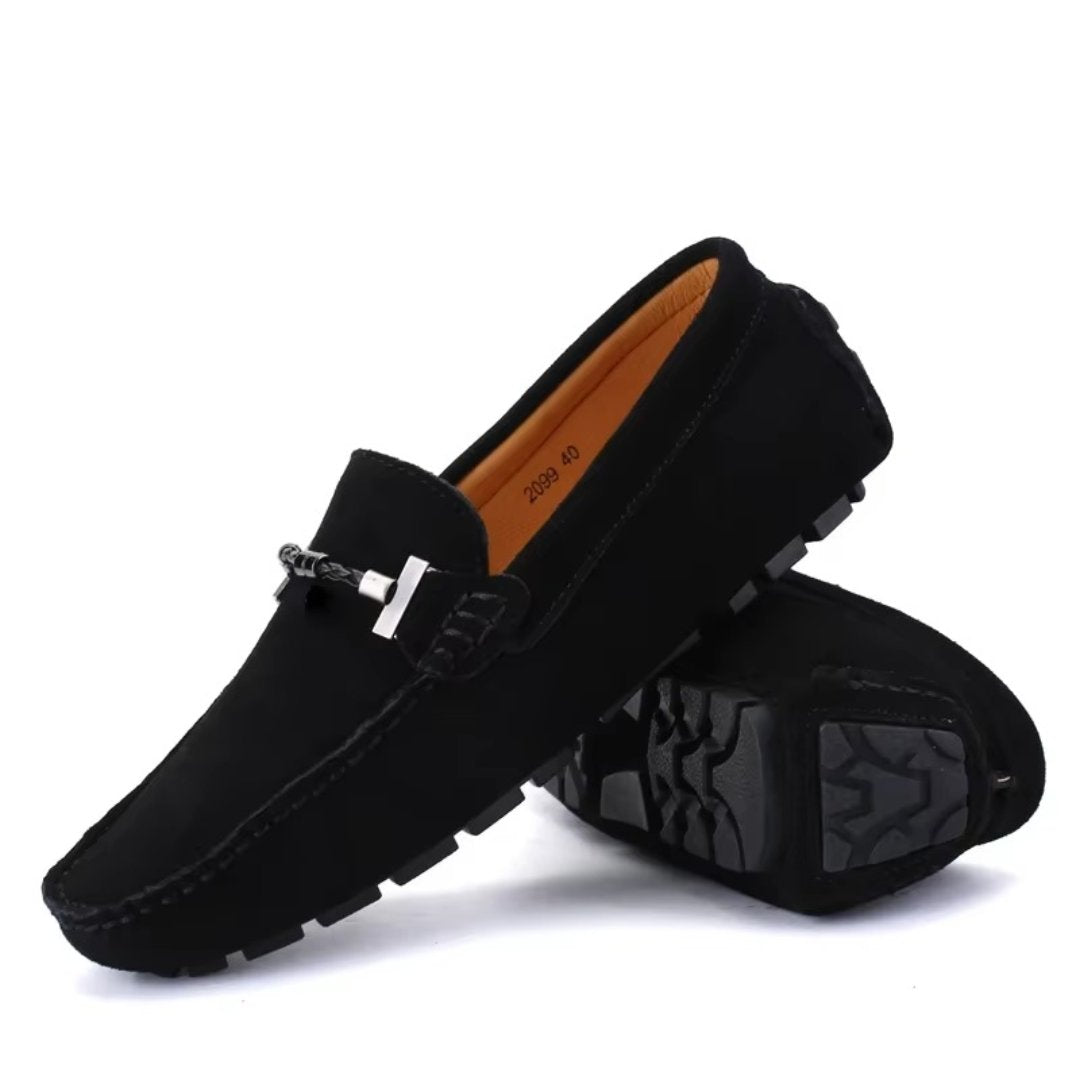 Colour-Suede Driving Loafers with Metal Buckle and Grip Sole