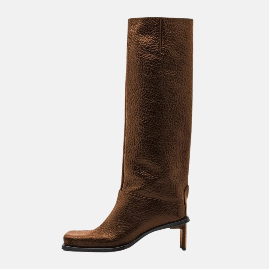Knee-High High-Heel Leather Boots with Square Toe