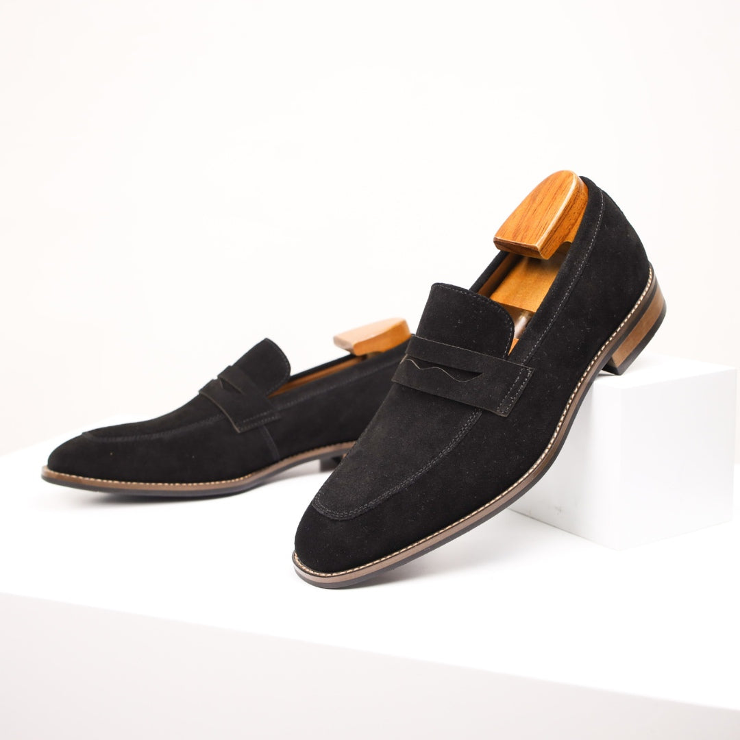Suede Penny Business Loafers with Low Block Heel