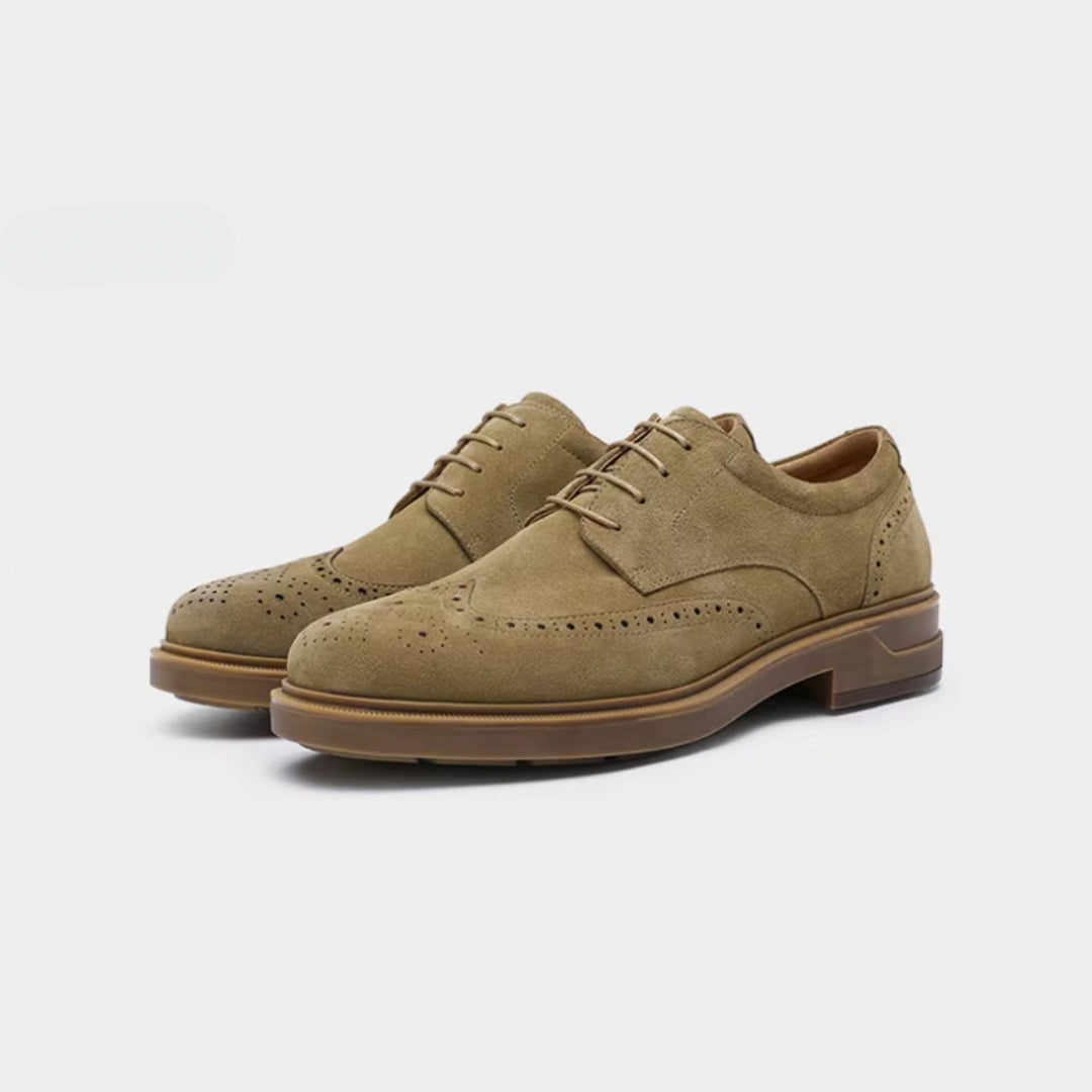 Brogue Suede Leather Derby Dress Shoes With Raised Sole and Block Heel
