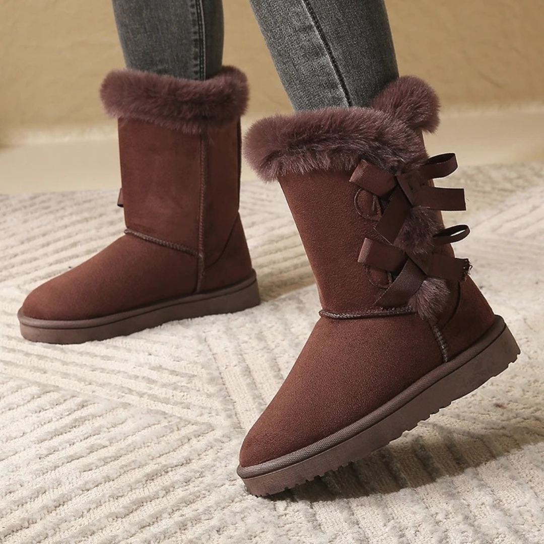 Mid-Calf Slip-On Winter Platform Boots With Side Bow Details and Plush Lining