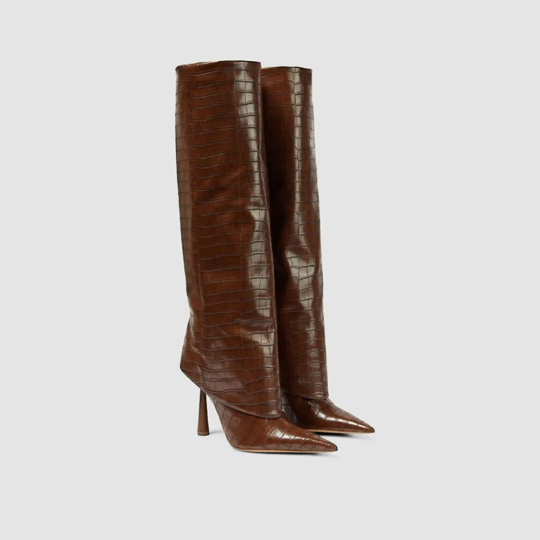 Wide-Fit Knee-High Leather Fold-Over Stilleto Boots with Pointed Toe