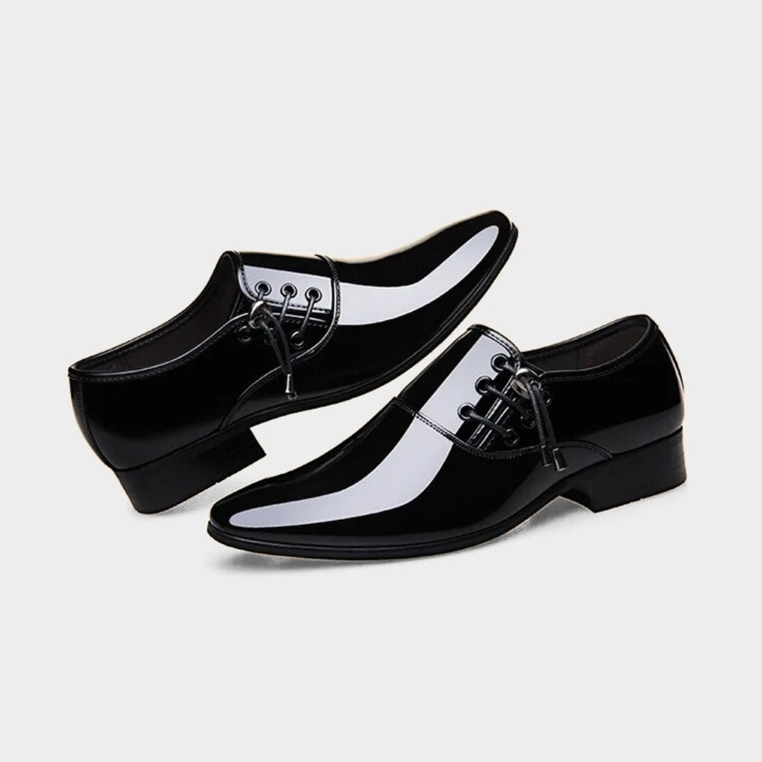 Patent Gloss Finish Pointed Dress Shoes with Side Lacing Detail and Low Block Heel