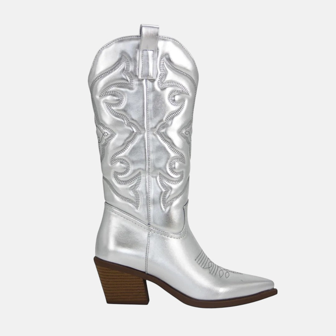 Metallic Finish Embroidered Mid-Calf Western Cowboy Boots