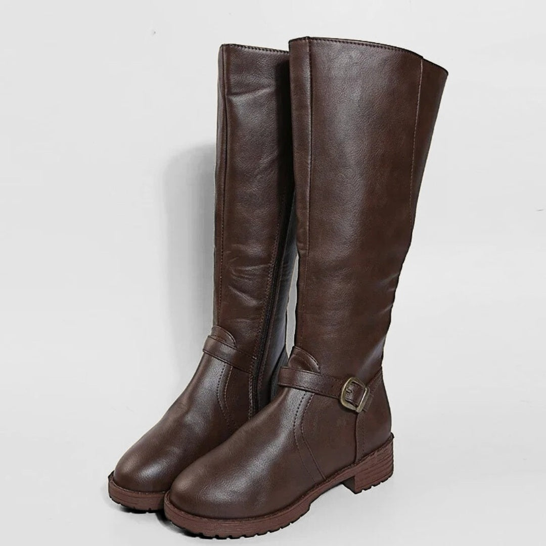 Riding Vegan-Leather Mid-Calf Zip Boots with Square Heel and Buckle Detail