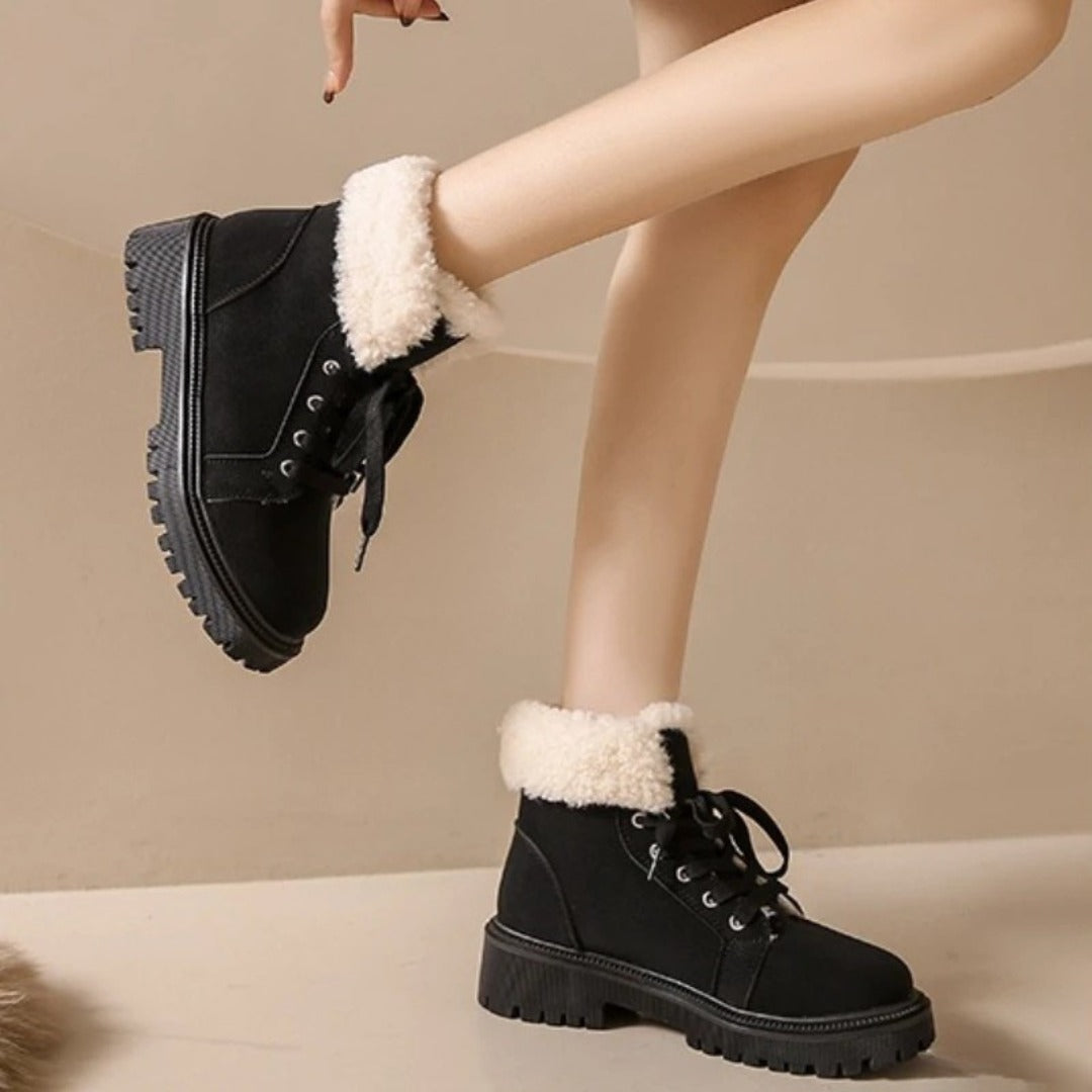Suede Lace-Up Ankle Snow Boots with Faux-Shearling Lining and Chunky Sole