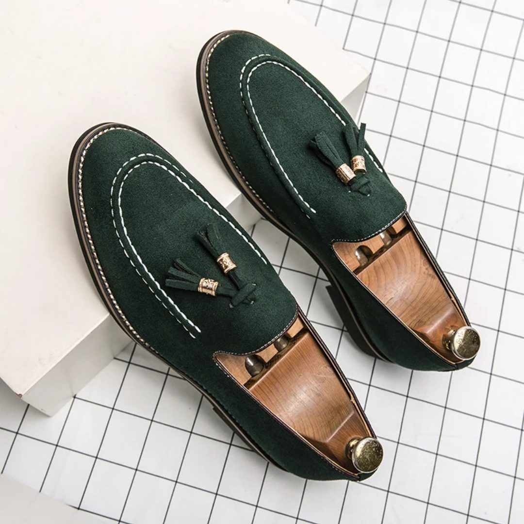 Contrast Stitch Suede Loafers with Metallic Gold-Tone Tassels and Low Block Heel