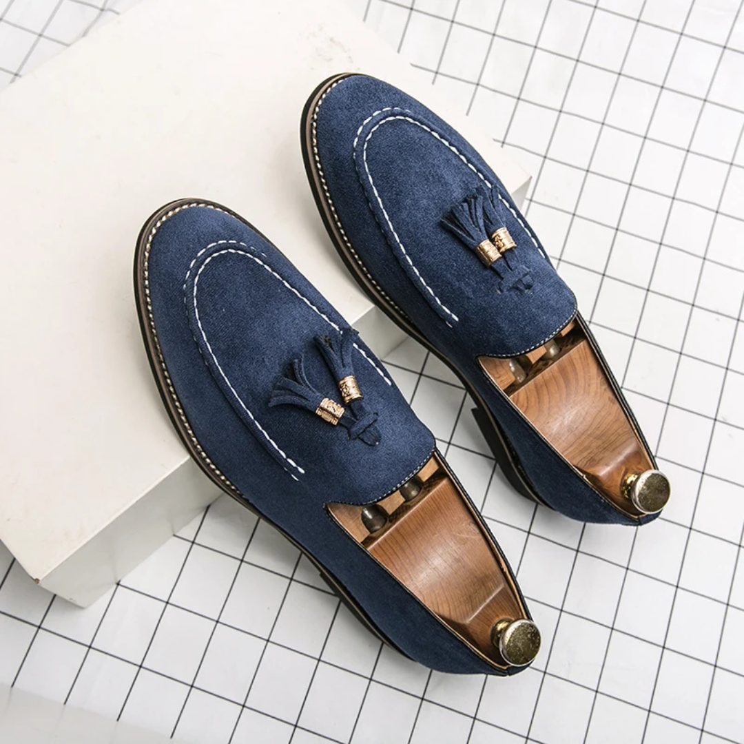 Contrast Stitch Suede Loafers with Metallic Gold-Tone Tassels and Low Block Heel
