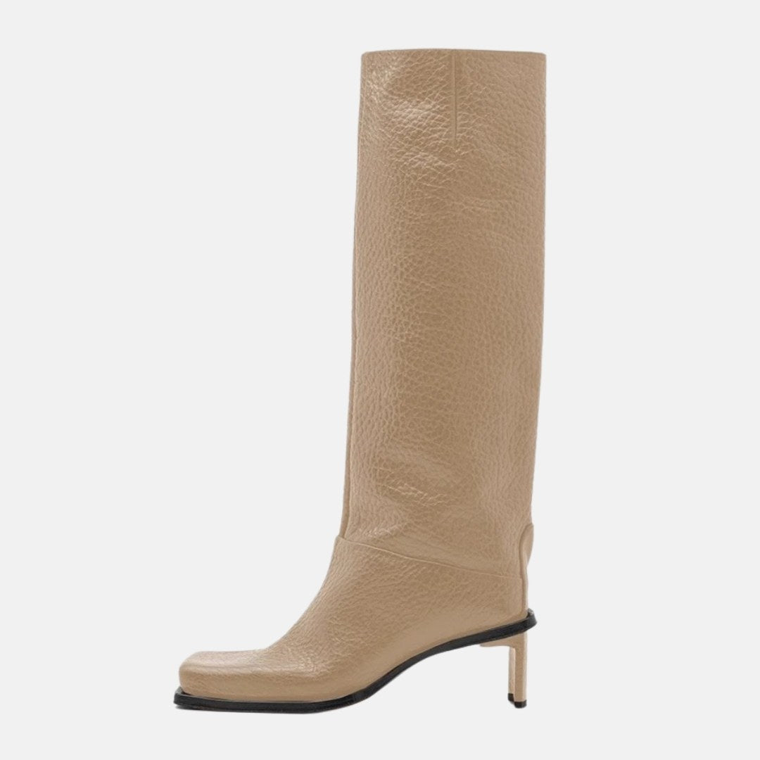 Knee-High High-Heel Leather Boots with Square Toe