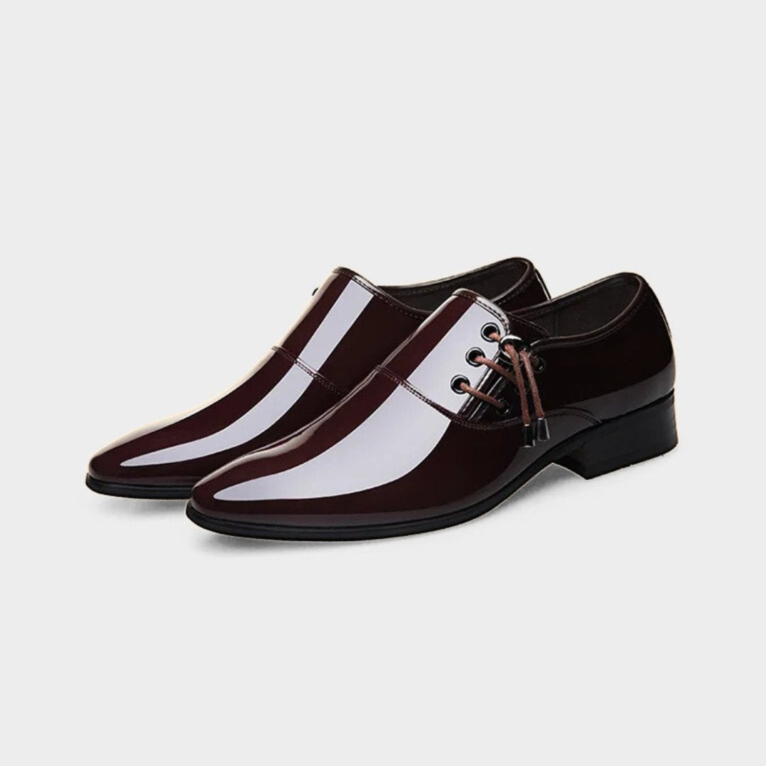 Patent Gloss Finish Pointed Dress Shoes with Side Lacing Detail and Low Block Heel