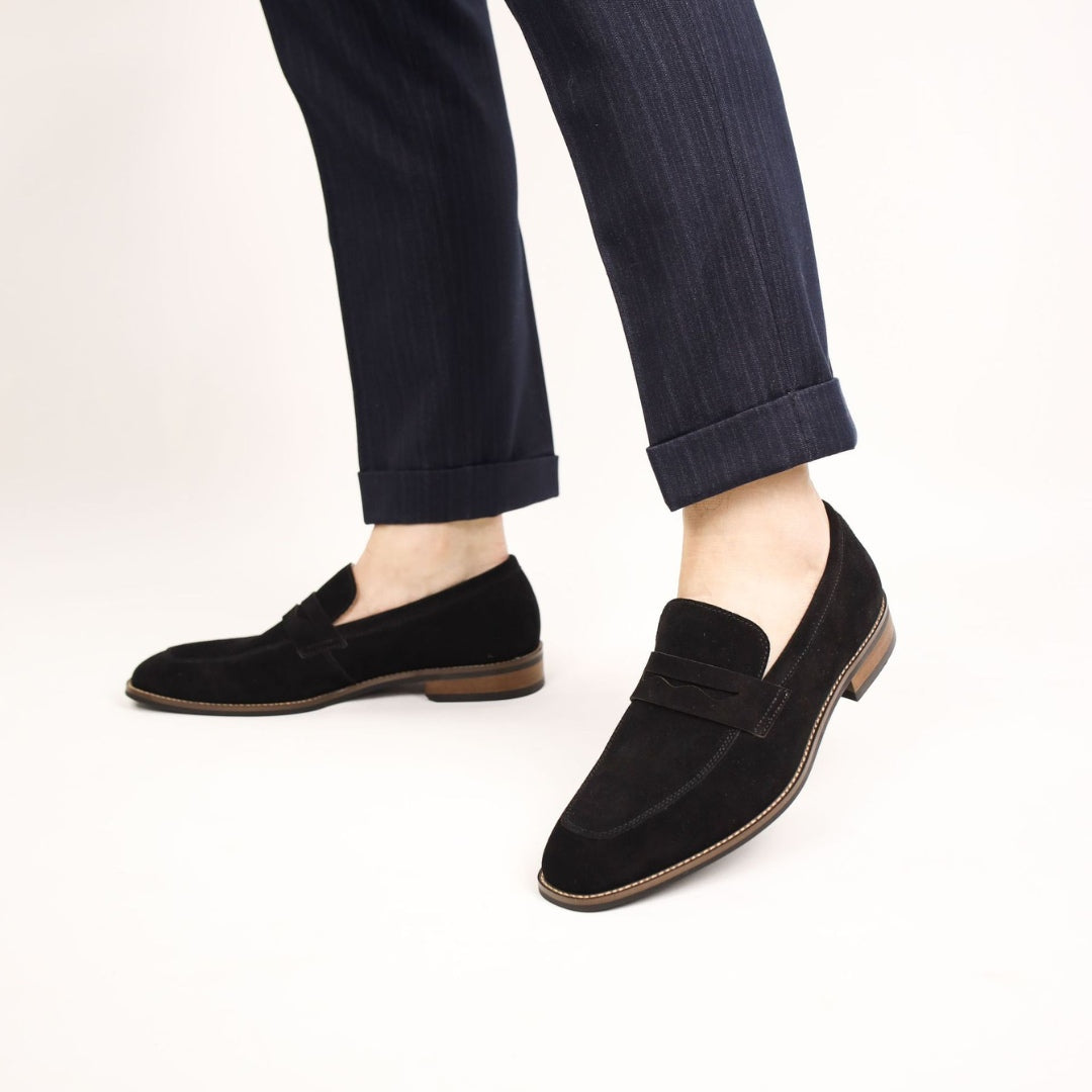 Suede Penny Business Loafers with Low Block Heel