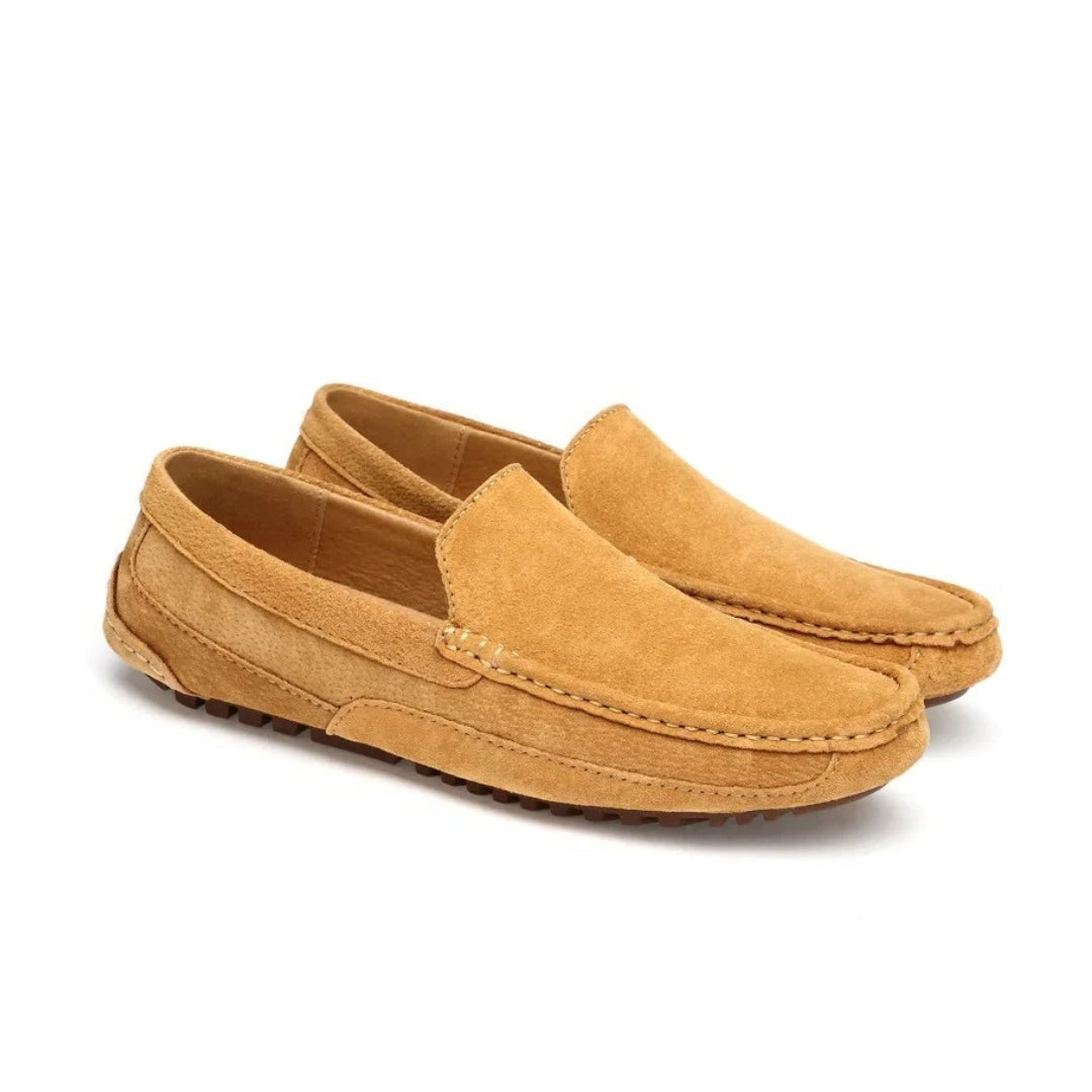Cow Suede Driving Loafers with Cushioned Grip Sole and Contrast Stitching
