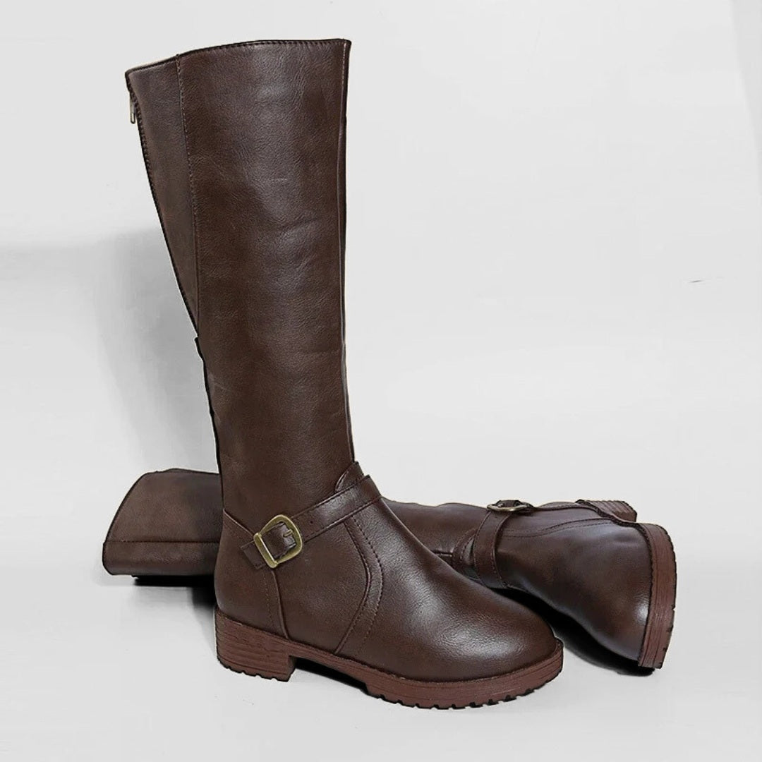 Riding Vegan-Leather Mid-Calf Zip Boots with Square Heel and Buckle Detail