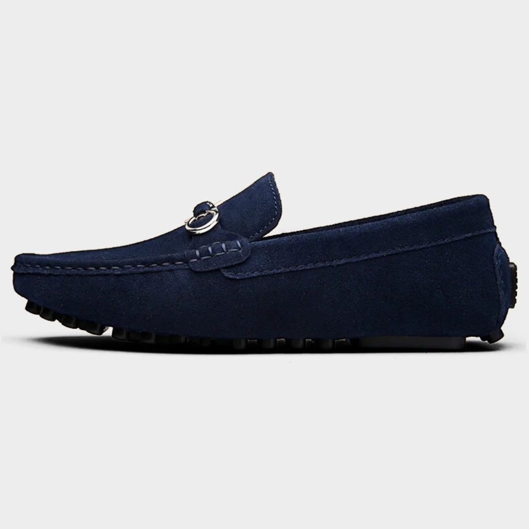 Suede Driving Loafers with Metallic Horsebit Buckle