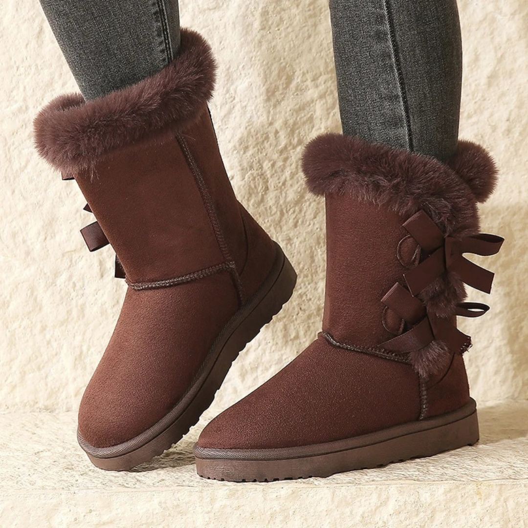 Mid-Calf Slip-On Winter Platform Boots With Side Bow Details and Plush Lining