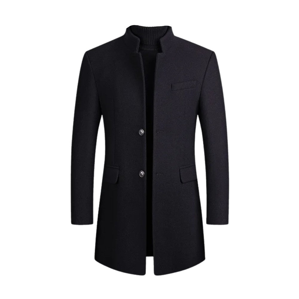 Tailored Mid-Length Wool Coat with Stand Collar