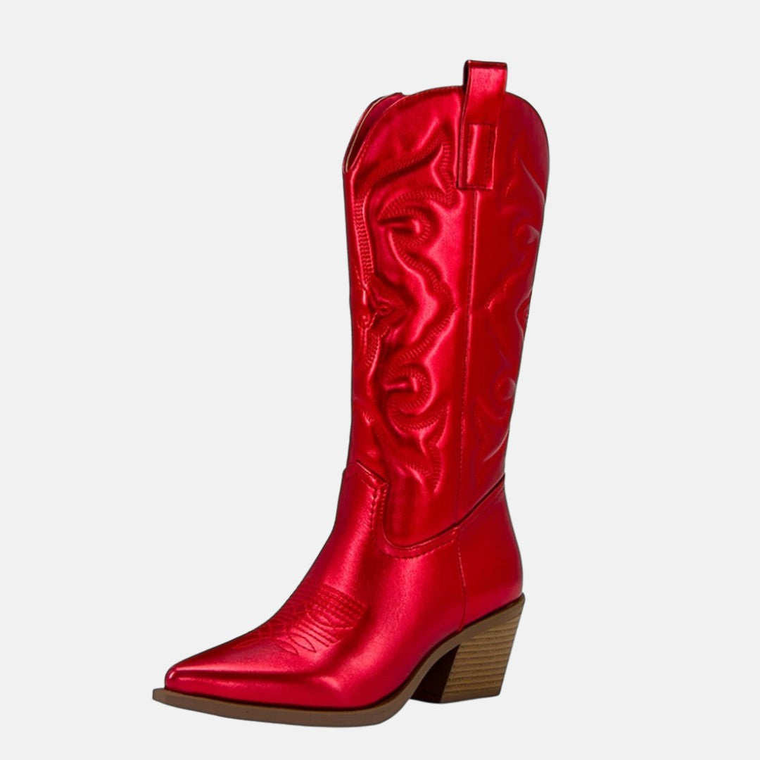 Metallic Finish Embroidered Mid-Calf Western Cowboy Boots