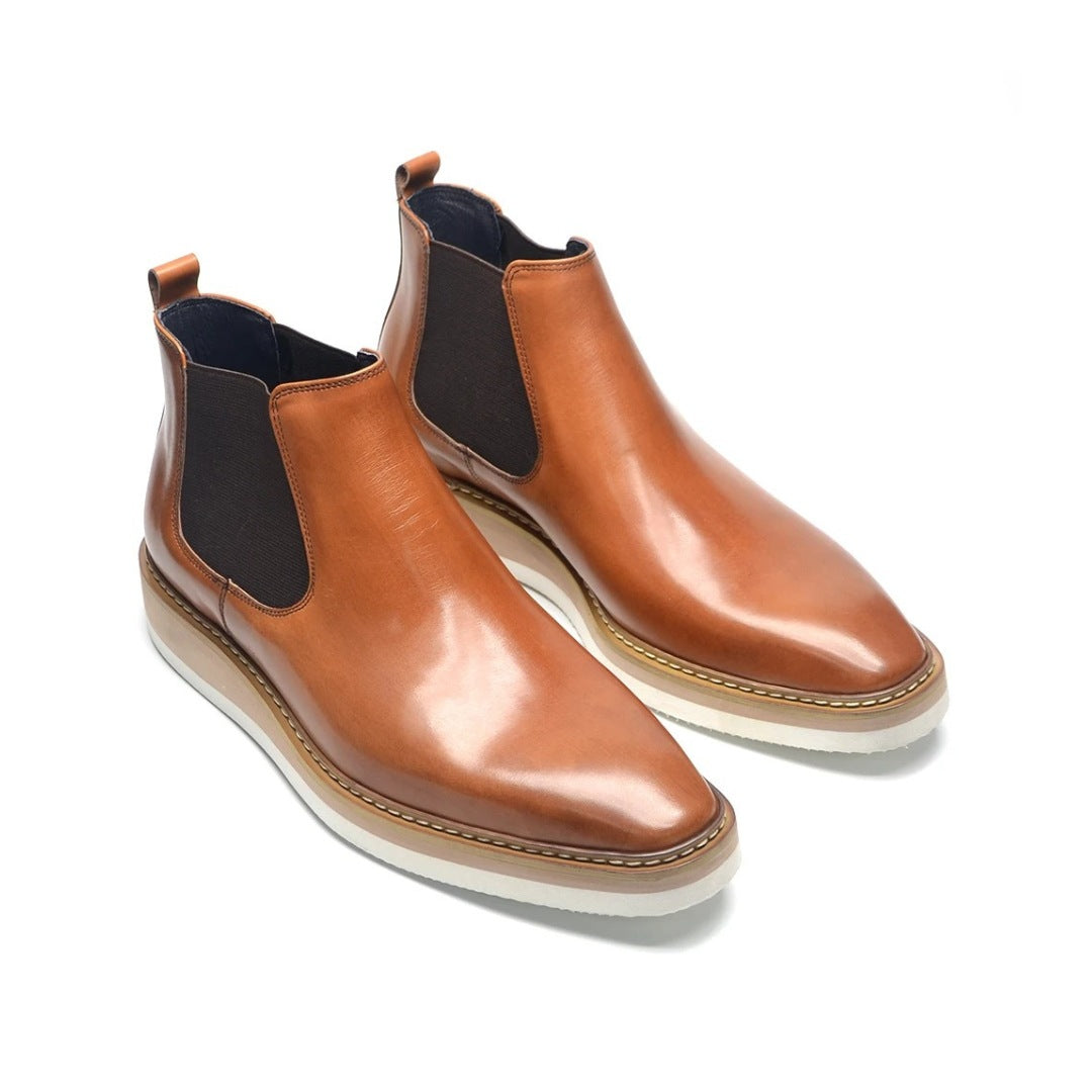 Leather Smart Casual Chelsea Ankle Boots with White Wedge Platform Sole