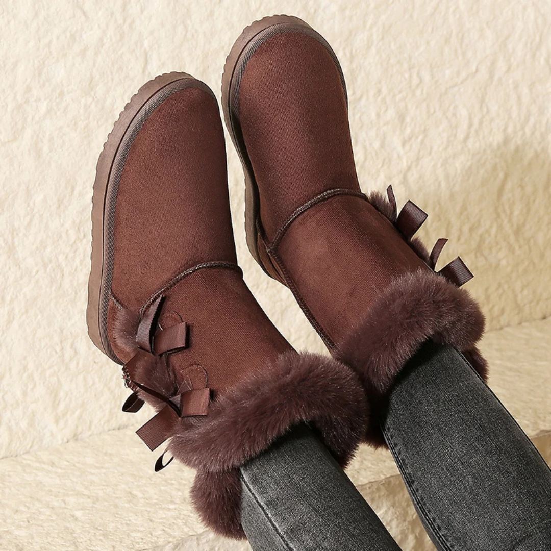 Mid-Calf Slip-On Winter Platform Boots With Side Bow Details and Plush Lining