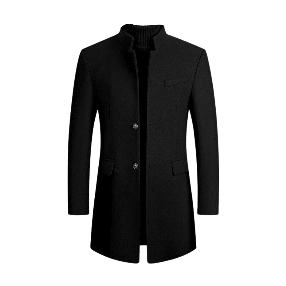 Tailored Mid-Length Wool Coat with Stand Collar