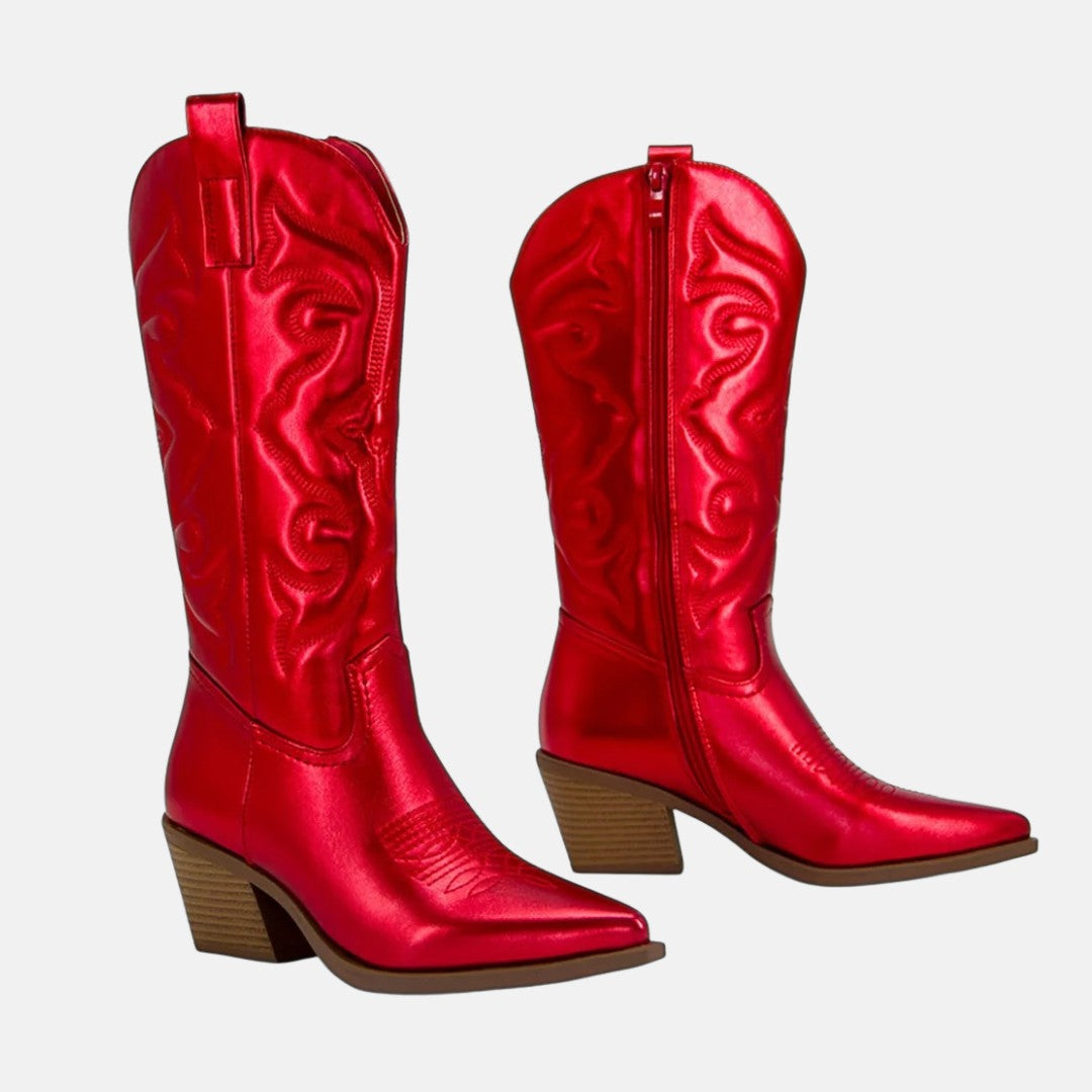 Metallic Finish Embroidered Mid-Calf Western Cowboy Boots