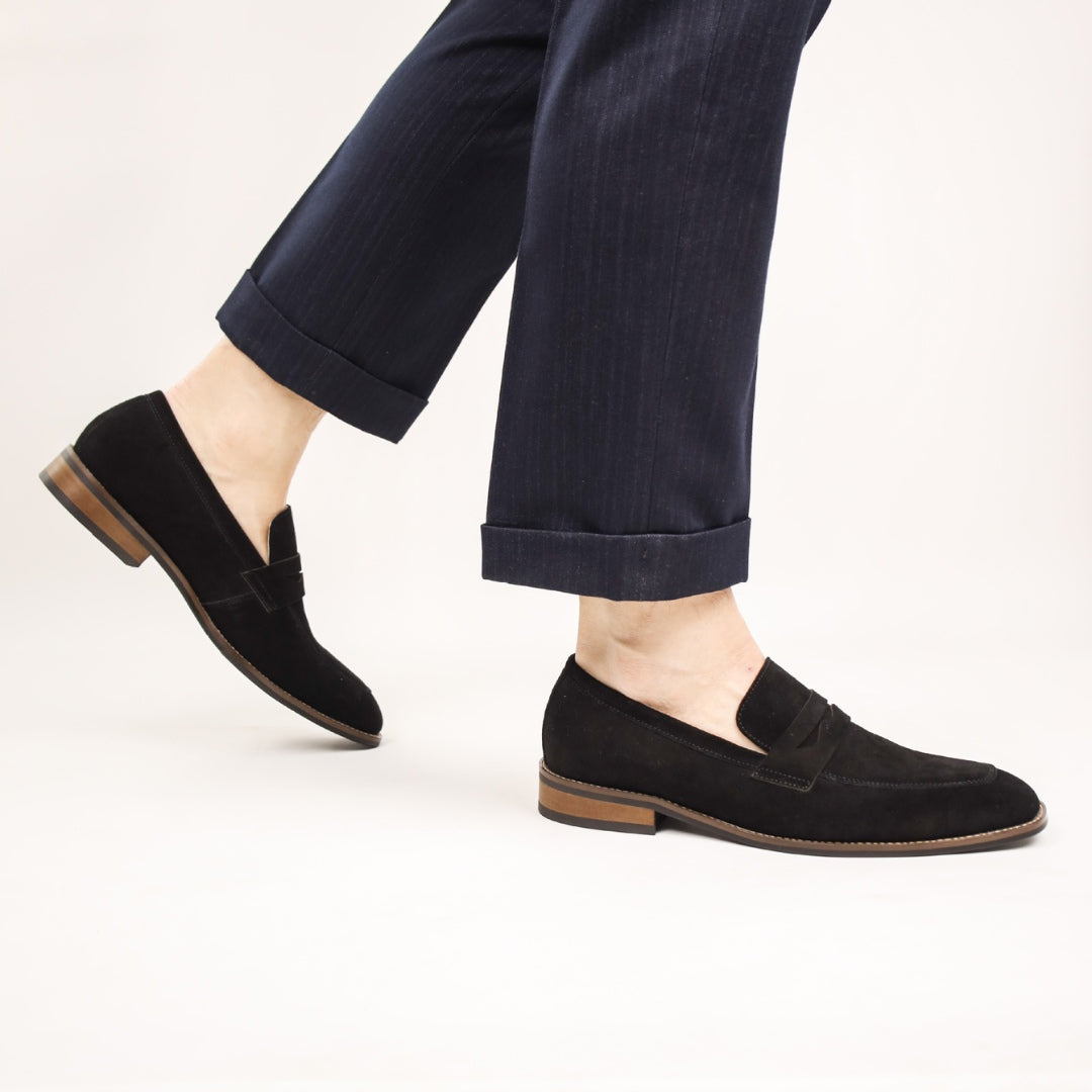 Suede Penny Business Loafers with Low Block Heel