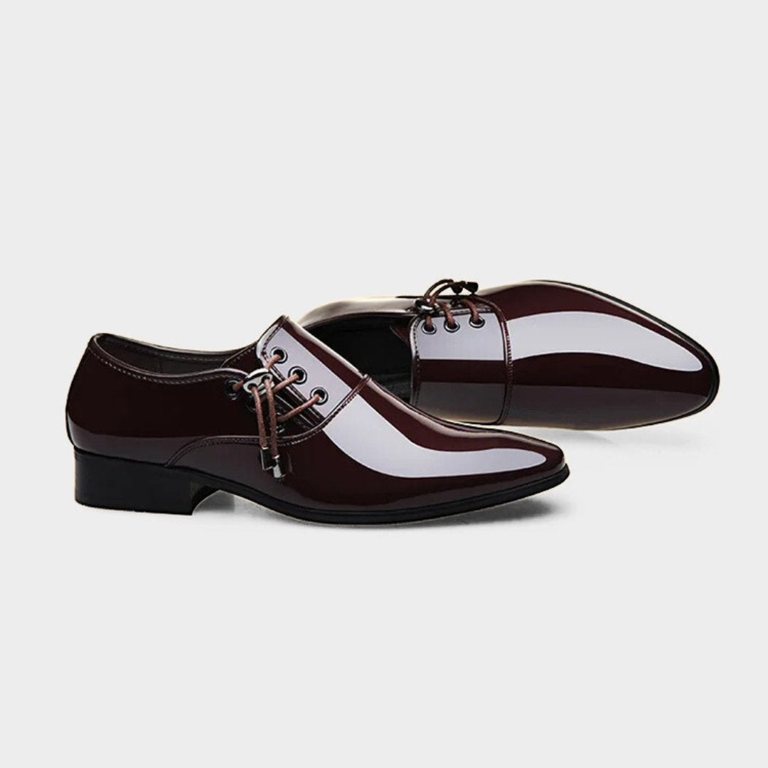 Patent Gloss Finish Pointed Dress Shoes with Side Lacing Detail and Low Block Heel