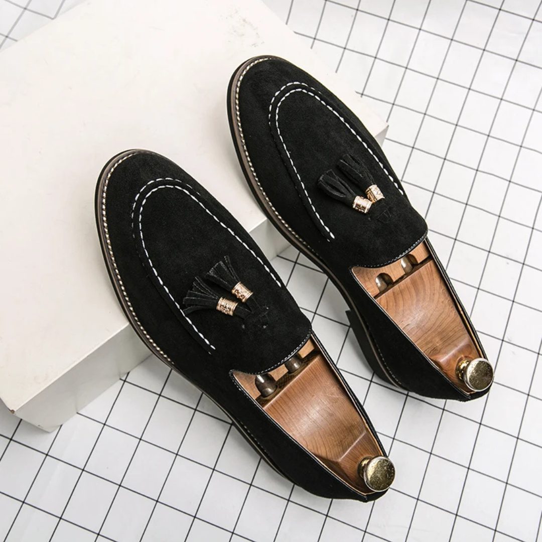 Contrast Stitch Suede Loafers with Metallic Gold-Tone Tassels and Low Block Heel