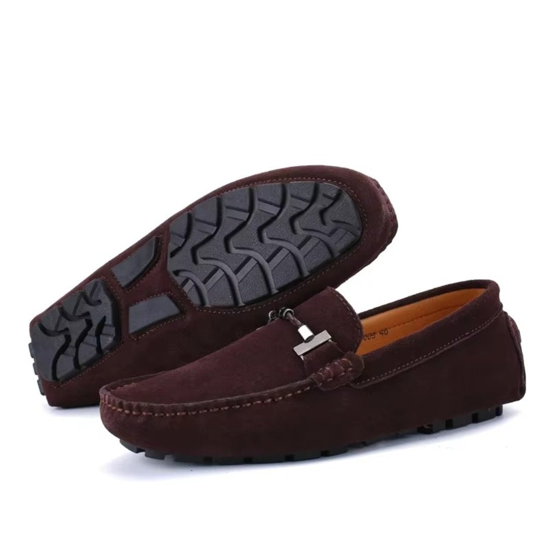 Colour-Suede Driving Loafers with Metal Buckle and Grip Sole