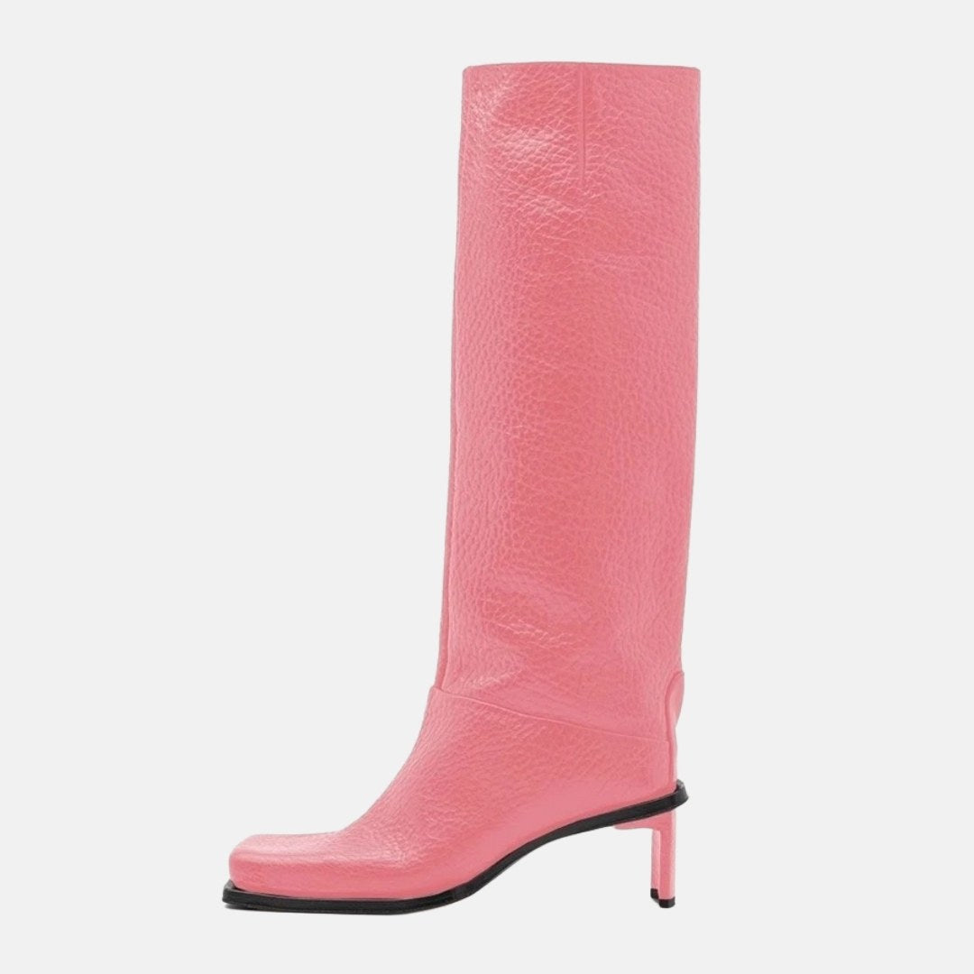Knee-High High-Heel Leather Boots with Square Toe