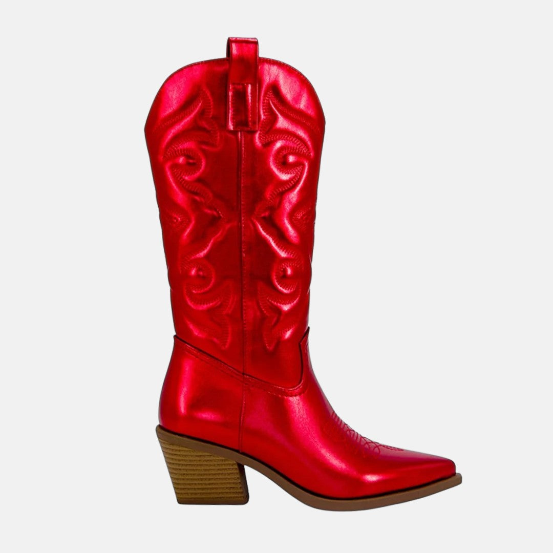 Metallic Finish Embroidered Mid-Calf Western Cowboy Boots
