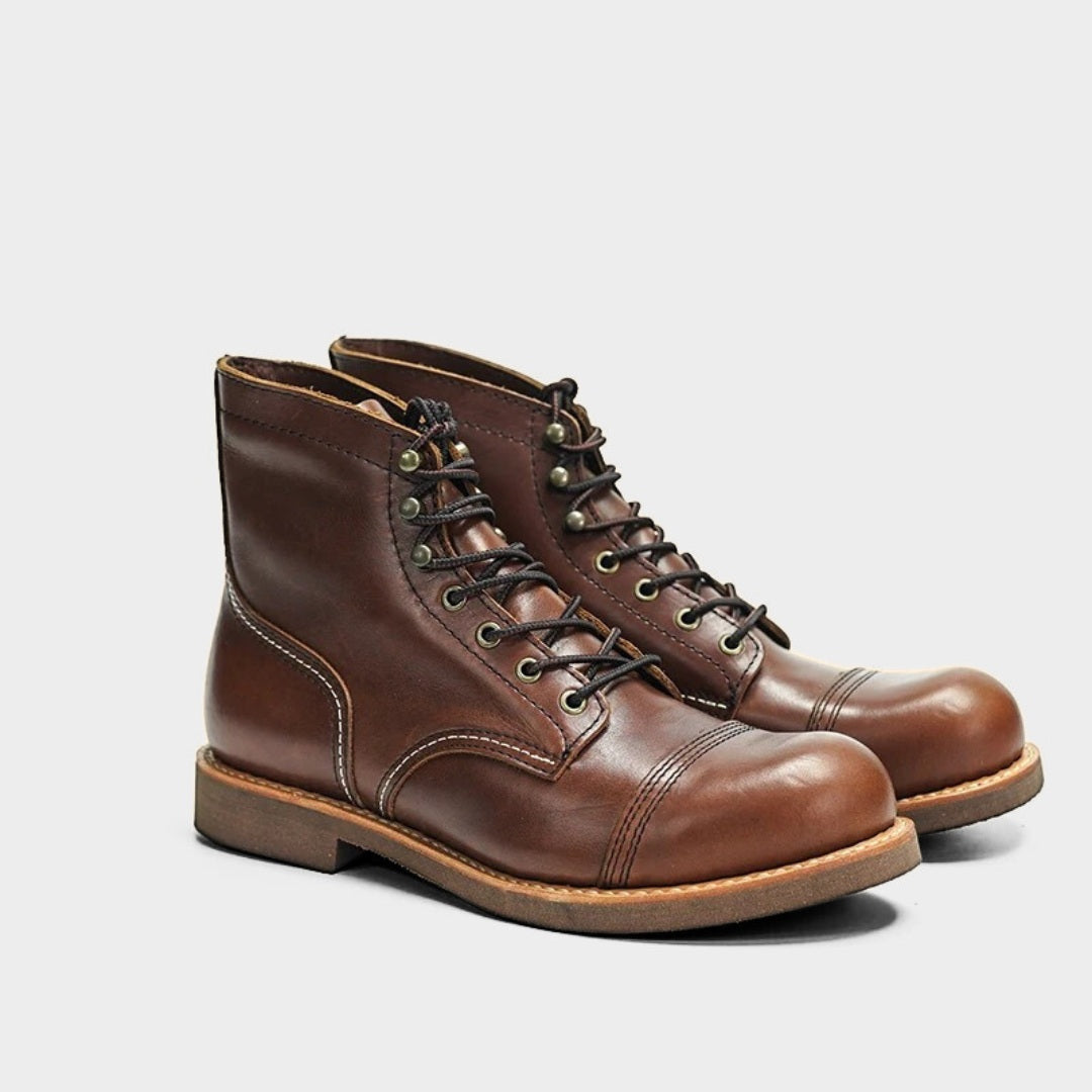 Leather Moc Toe Boots with Goodyear Welt and Rubber Sole