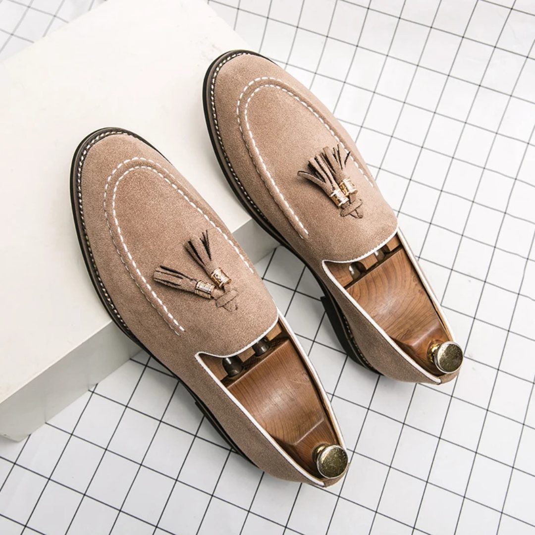 Contrast Stitch Suede Loafers with Metallic Gold-Tone Tassels and Low Block Heel