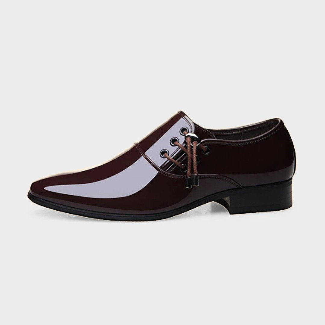 Patent Gloss Finish Pointed Dress Shoes with Side Lacing Detail and Low Block Heel