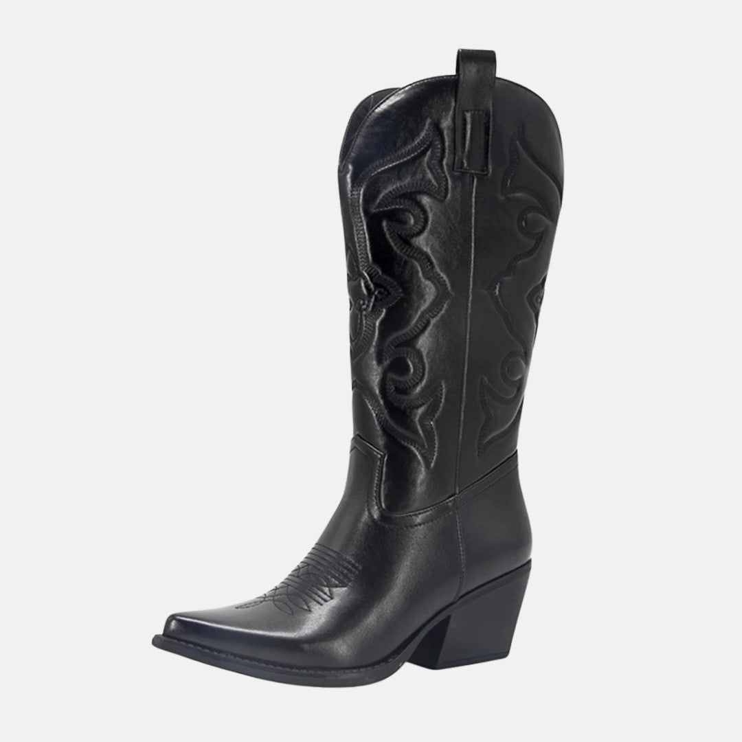 Metallic Finish Embroidered Mid-Calf Western Cowboy Boots