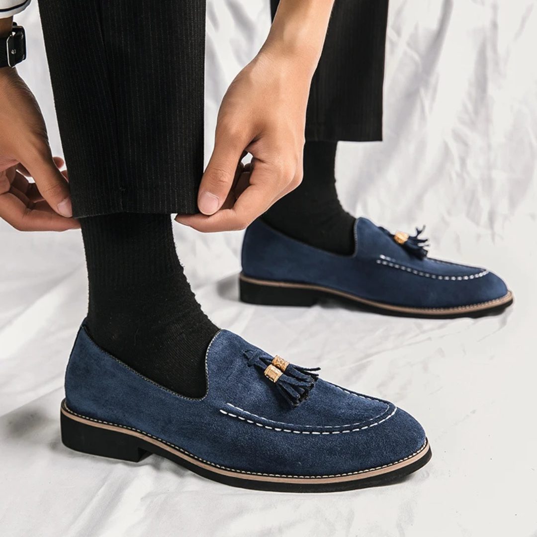 Contrast Stitch Suede Loafers with Metallic Gold-Tone Tassels and Low Block Heel