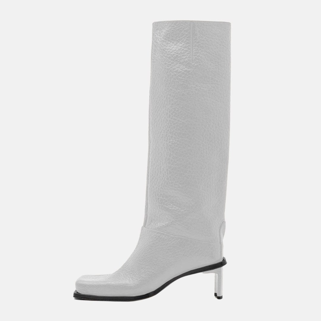 Knee-High High-Heel Leather Boots with Square Toe